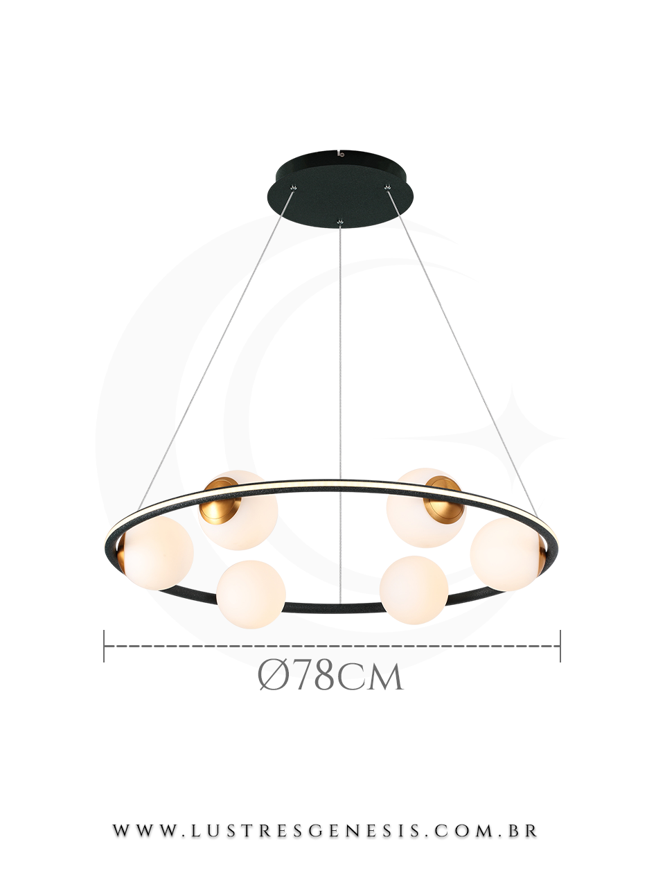 Lustre pendente de 6 globos leitosos modelo Milky, com estrutura circular preta e detalhes dourados, ideal para sala de jantar ou estar, medindo 78cm de diâmetro.